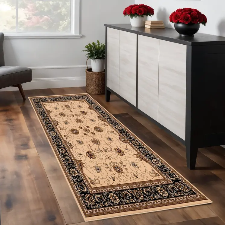7' Black Tan And Brown Oriental Runner Rug