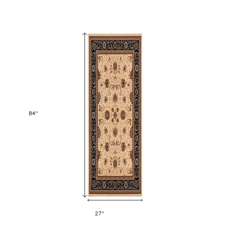 7' Black Tan And Brown Oriental Runner Rug