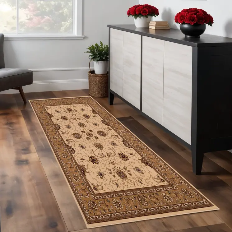 9' Tan And Brown Oriental Runner Rug
