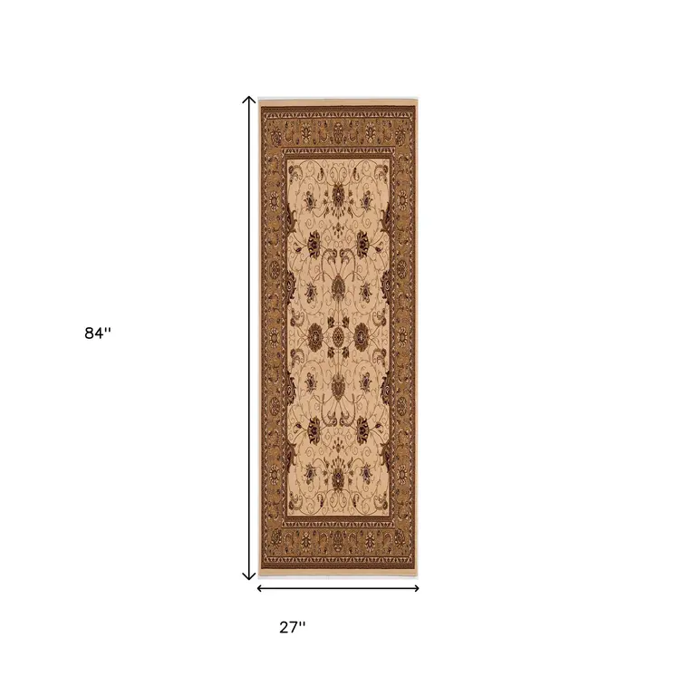 7' Tan And Brown Oriental Runner Rug