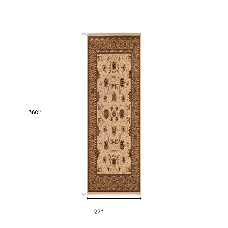 30' Runner Tan And Brown Oriental Area Rug