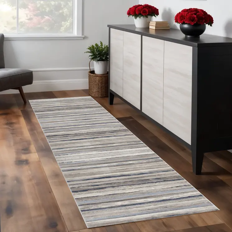 9' Blue Brown And Sand Striped Runner Rug