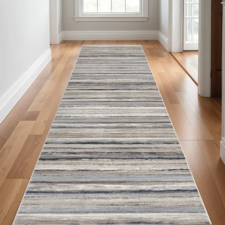 17' Runner Blue Brown And Sand Striped Runner Rug