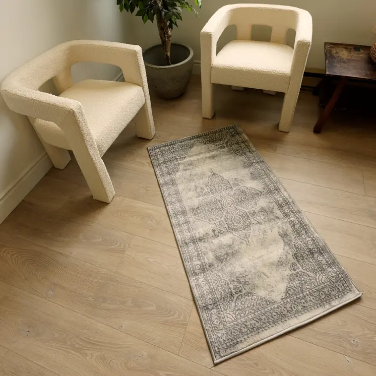9' Gray And Beige Medallion Runner Rug