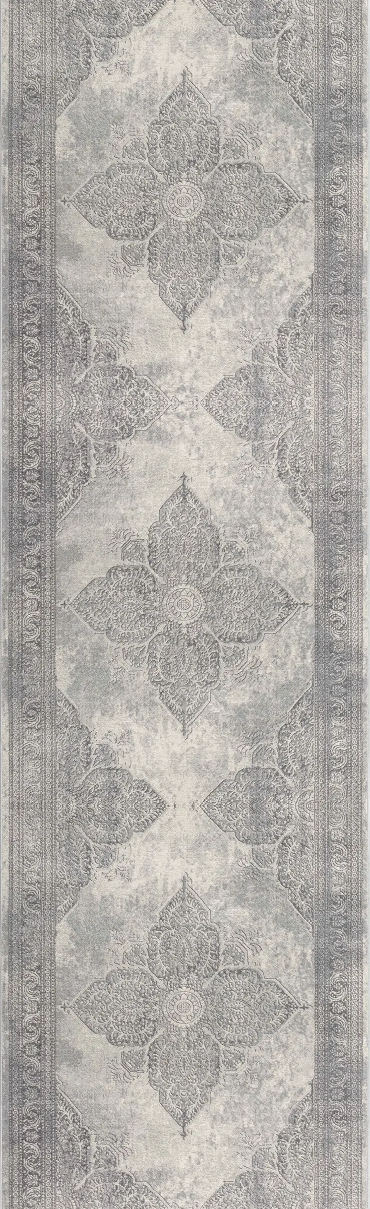 9' Gray And Beige Medallion Runner Rug