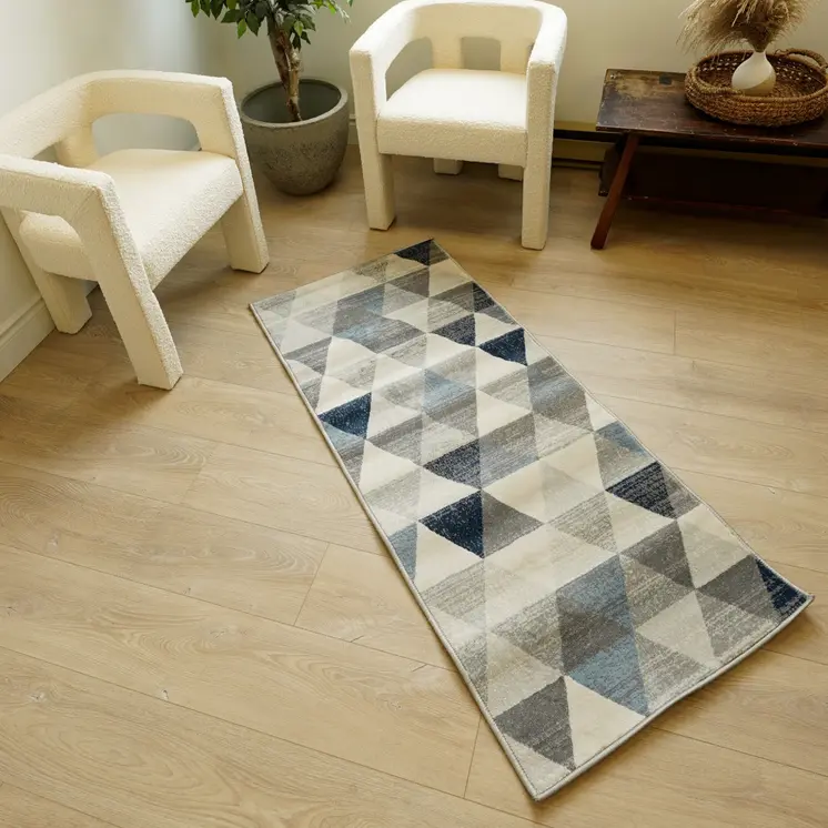 9' Blue Beige And Gray Geometric Runner Rug