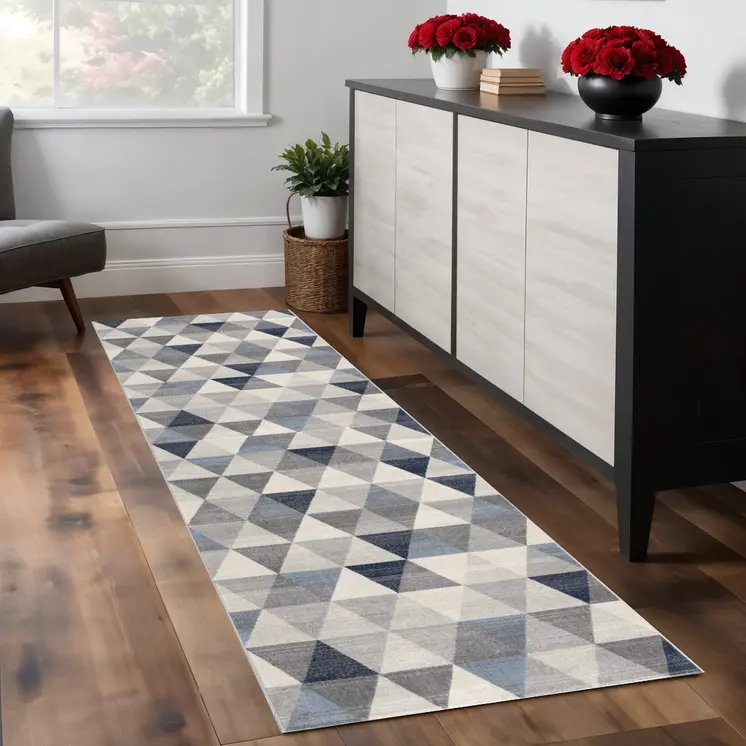 7' Blue Beige And Gray Geometric Runner Rug