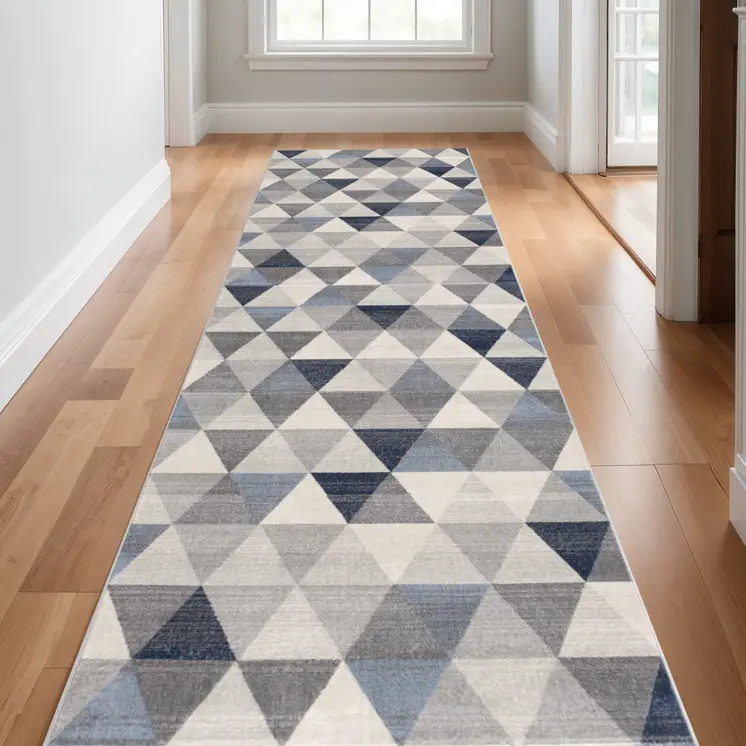 30' Runner Blue Beige And Gray Geometric Area Rug