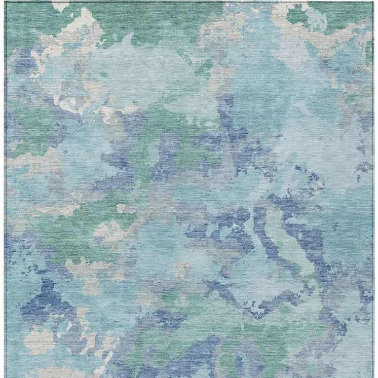3' X 5' Blue And Teal Blue Abstract Washable Indoor Outdoor Area Rug