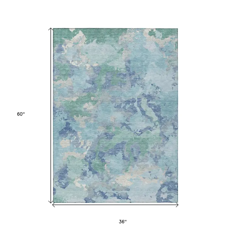 3' X 5' Blue And Teal Blue Abstract Washable Indoor Outdoor Area Rug