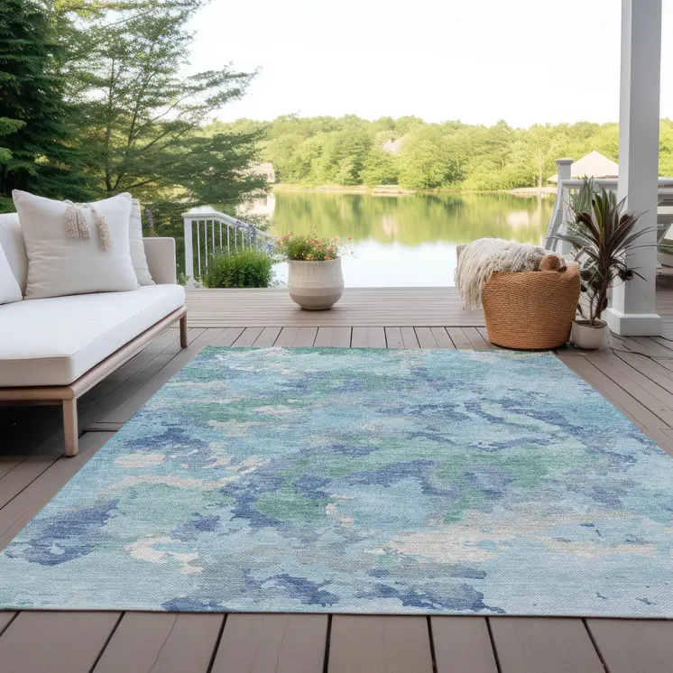 3' X 5' Blue And Teal Blue Abstract Washable Indoor Outdoor Area Rug