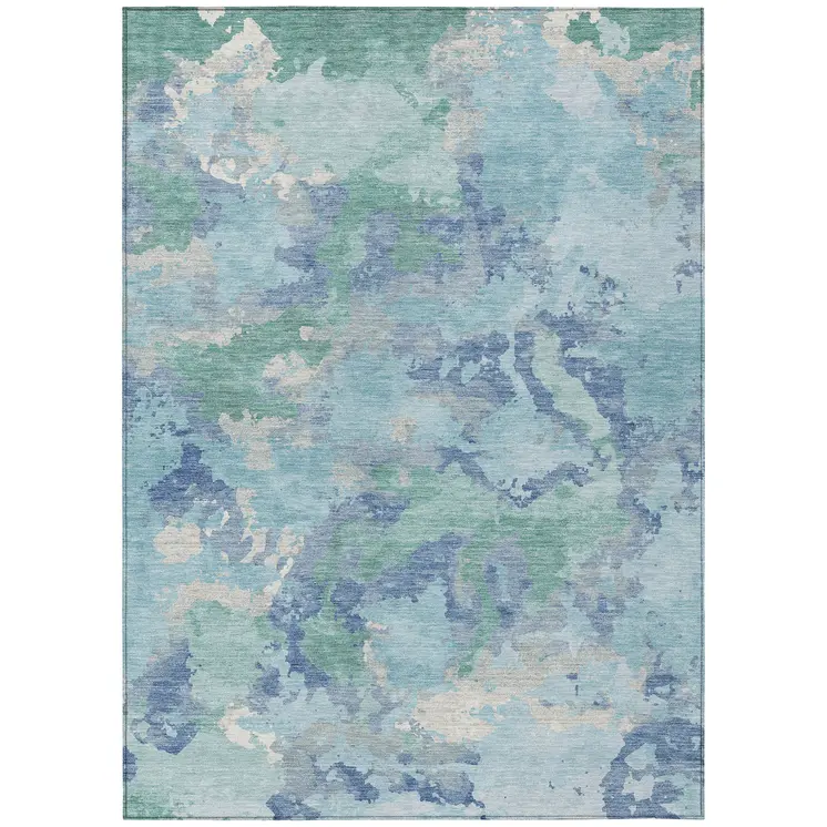 3' X 5' Blue And Teal Blue Abstract Washable Indoor Outdoor Area Rug