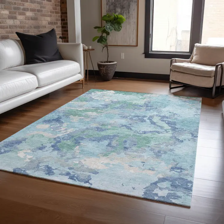3' X 5' Blue And Teal Blue Abstract Washable Indoor Outdoor Area Rug