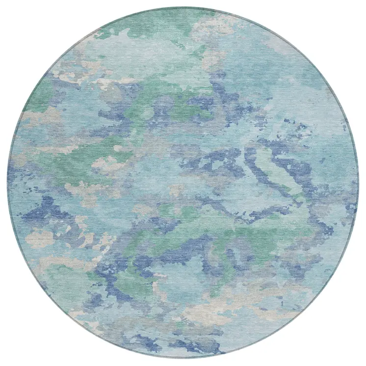 8' Blue And Teal Blue Round Abstract Washable Indoor Outdoor Area Rug