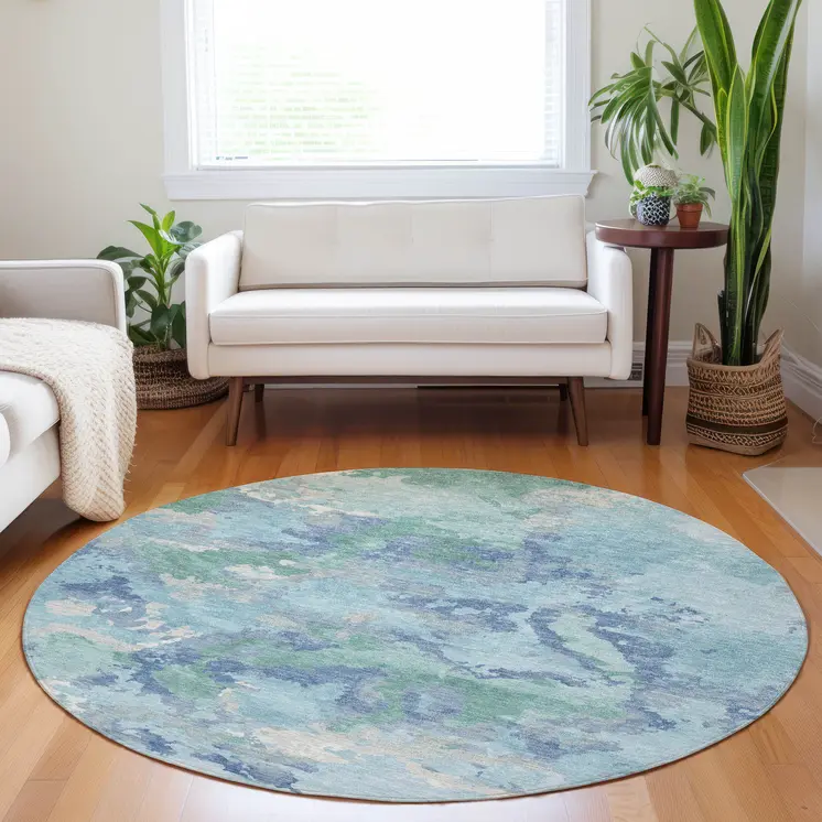 8' Blue And Teal Blue Round Abstract Washable Indoor Outdoor Area Rug