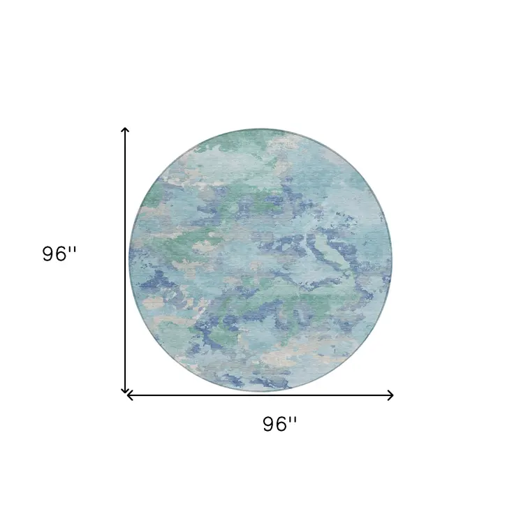 8' Blue And Teal Blue Round Abstract Washable Indoor Outdoor Area Rug
