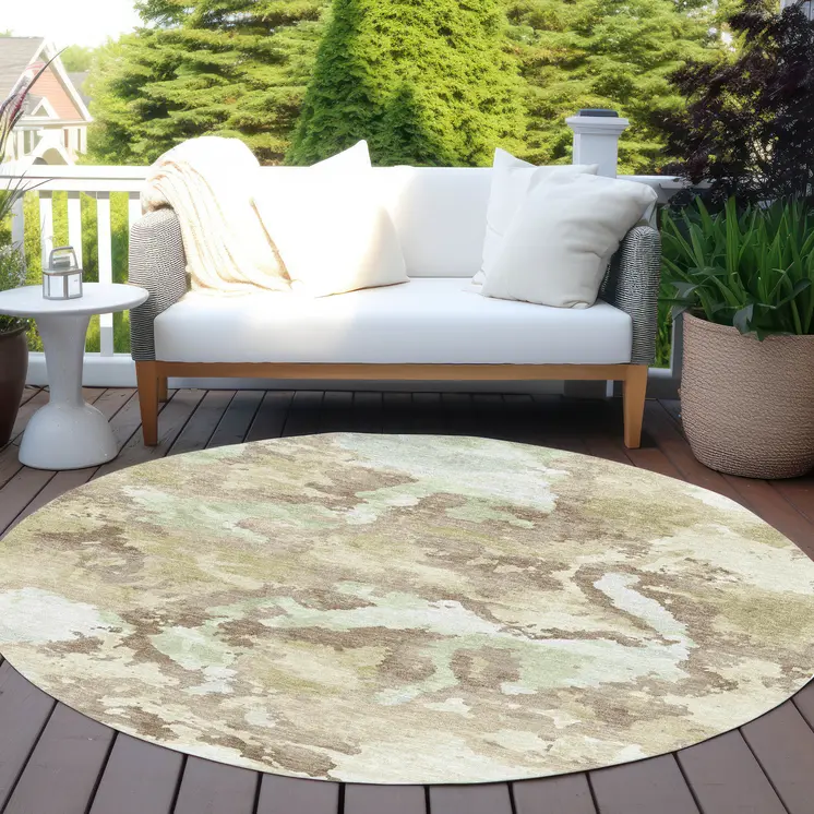8' Taupe And Ivory Round Abstract Washable Indoor Outdoor Area Rug