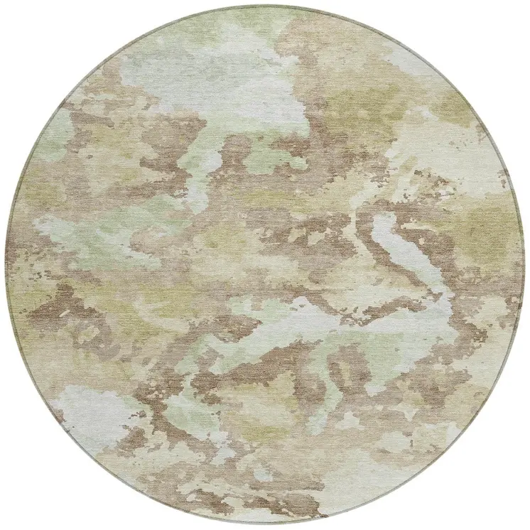 8' Taupe And Ivory Round Abstract Washable Indoor Outdoor Area Rug