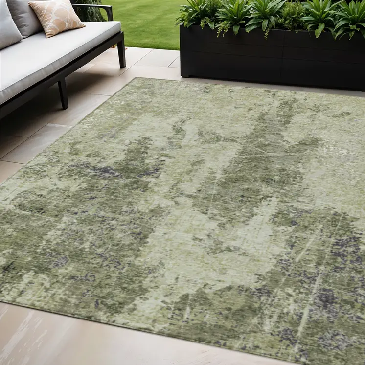 5' X 8' Artichoke Green And Fern Green Abstract Washable Indoor Outdoor Area Rug