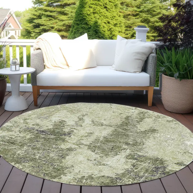 8' Artichoke Green And Fern Green Round Abstract Washable Indoor Outdoor Area Rug