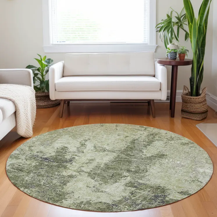 8' Artichoke Green And Fern Green Round Abstract Washable Indoor Outdoor Area Rug