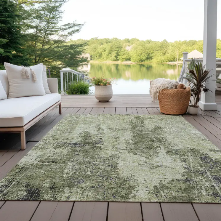 9' X 12' Artichoke Green And Fern Green Abstract Washable Indoor Outdoor Area Rug