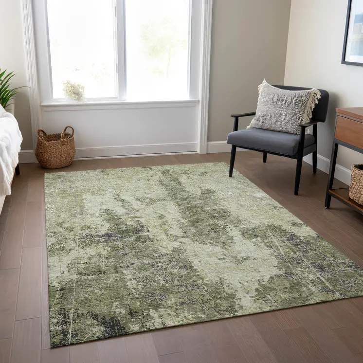 9' X 12' Artichoke Green And Fern Green Abstract Washable Indoor Outdoor Area Rug
