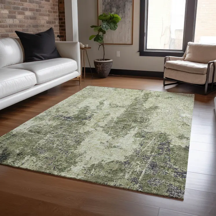 10' X 14' Artichoke Green And Fern Green Abstract Washable Indoor Outdoor Area Rug