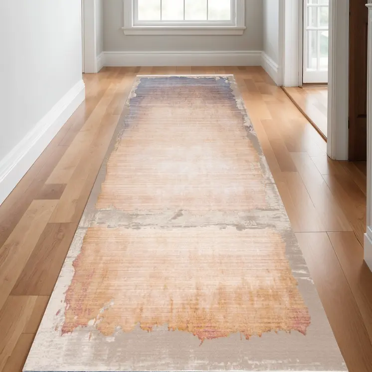 11' Beige Blue And Brown Abstract Runner Rug