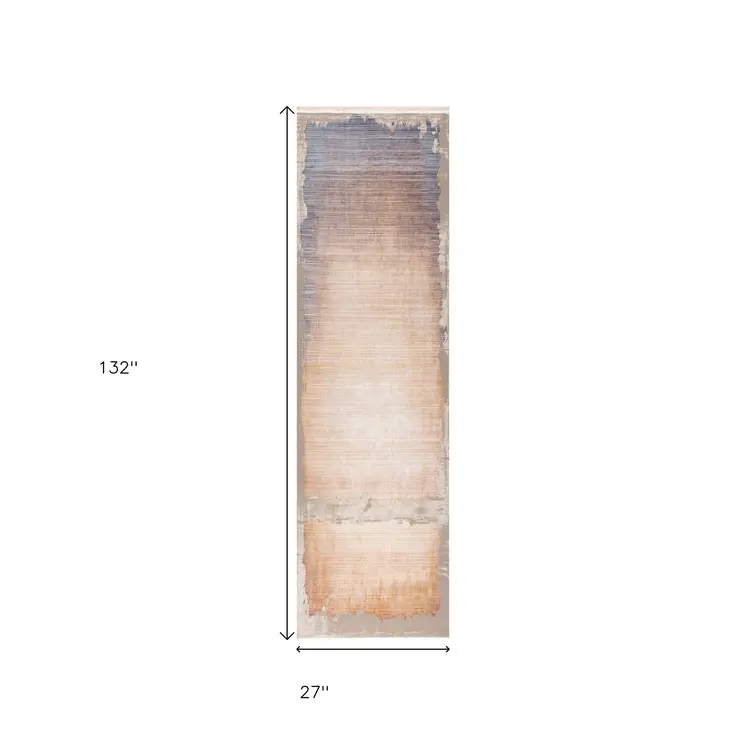 11' Beige Blue And Brown Abstract Runner Rug