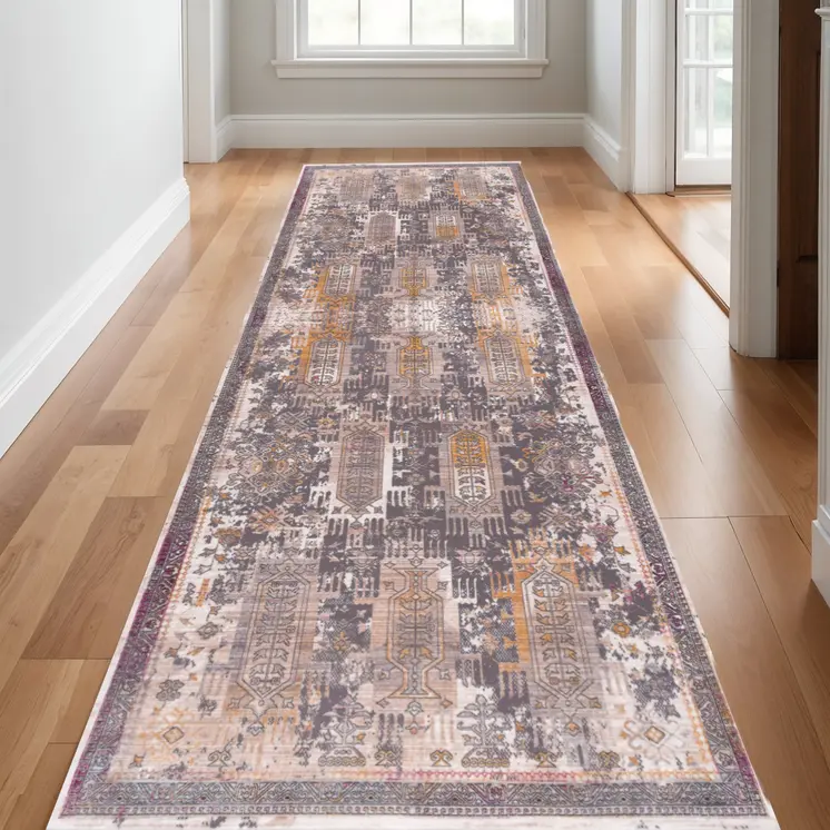 16' Gray Beige And Orange Southwestern Runner Rug