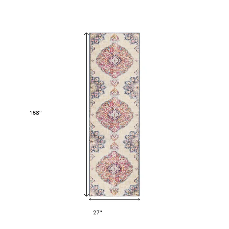 14' Blue Pink And Beige Oriental Runner Rug
