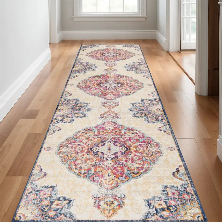 14' Blue Pink And Beige Oriental Runner Rug