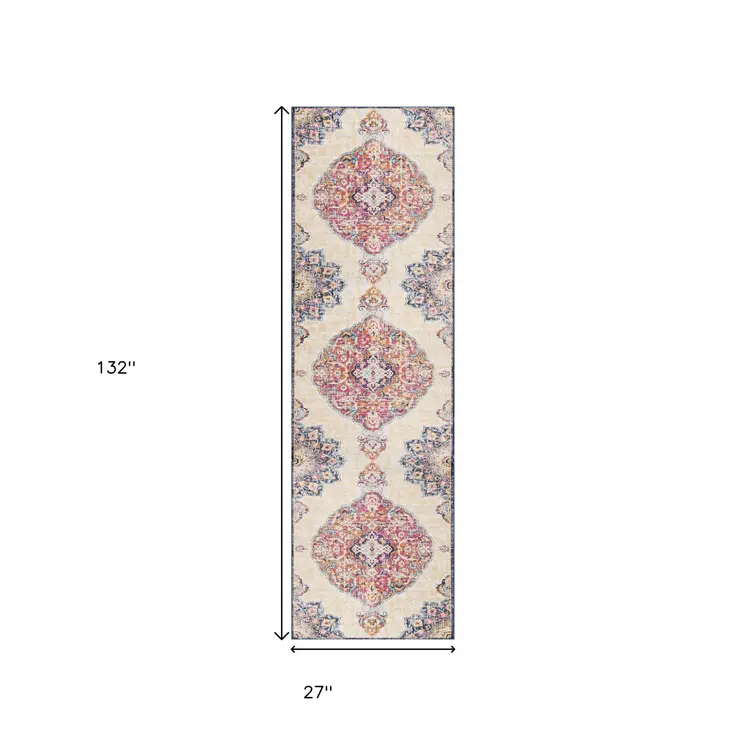 11' Blue Pink And Beige Oriental Runner Rug