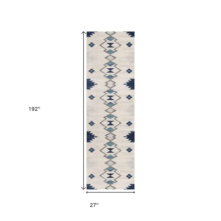 16' Blue Beige And Gray Southwestern Runner Rug