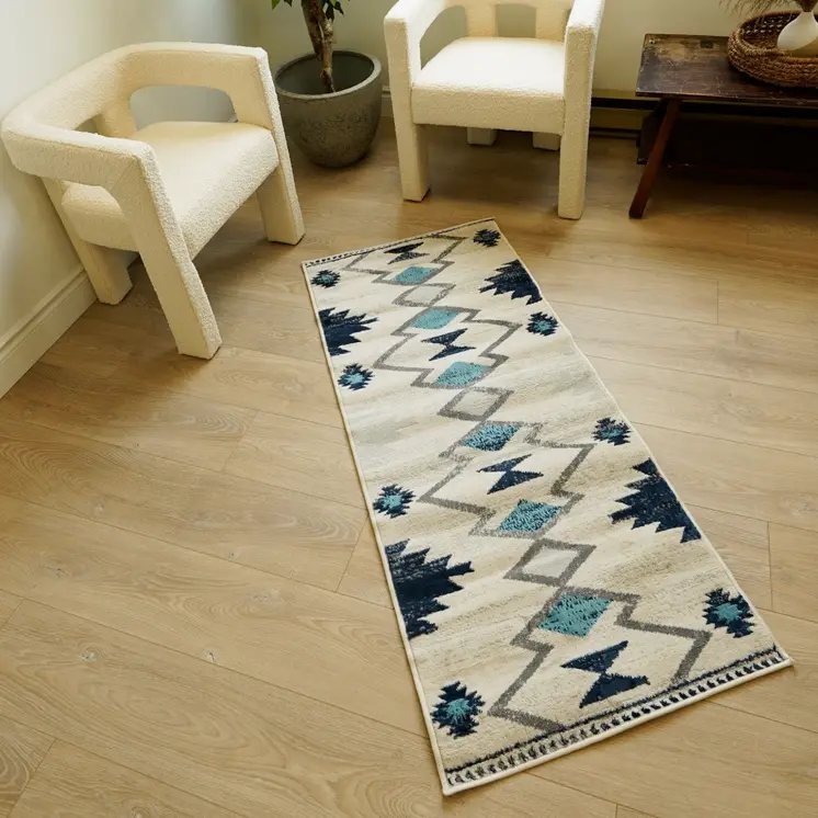 14' Blue Beige And Gray Southwestern Runner Rug