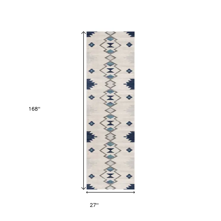 14' Blue Beige And Gray Southwestern Runner Rug