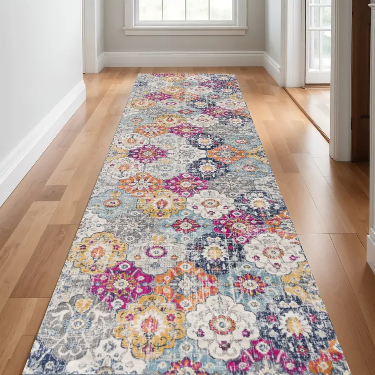 16' Gray Gold And Pink Floral Medallion Runner Rug