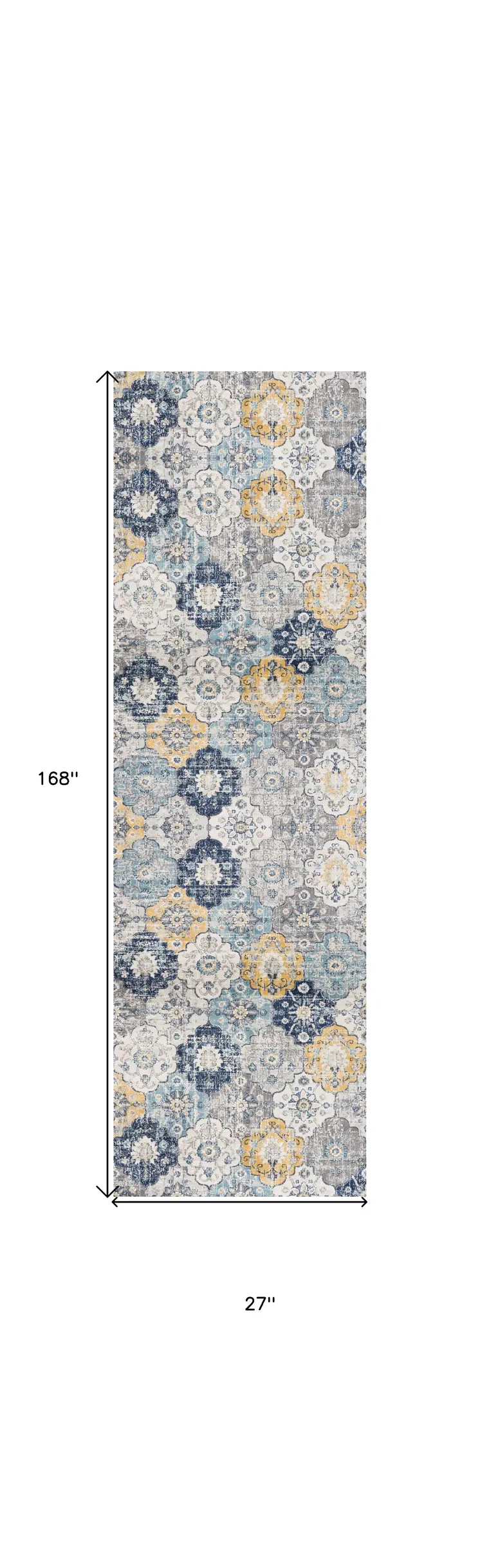 14' Blue Gray And Gold Floral Medallion Runner Rug