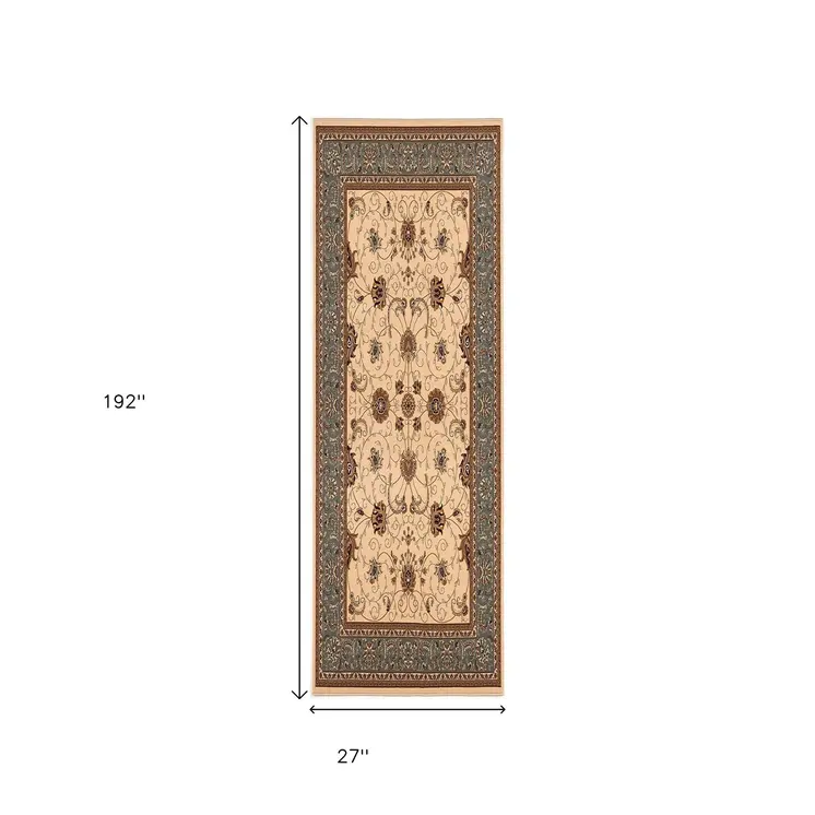 16' Beige Gray And Brown Oriental Runner Rug