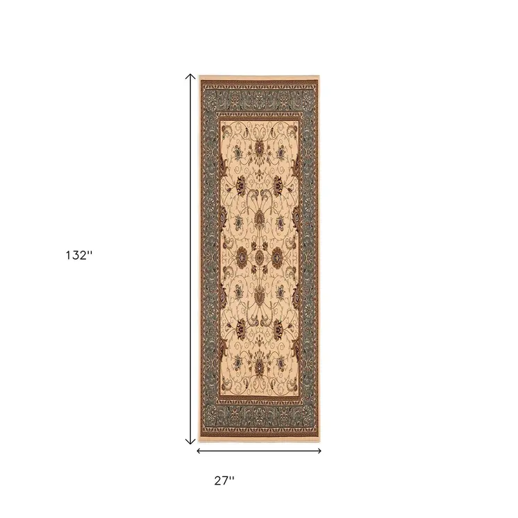 11' Beige Gray And Brown Oriental Runner Rug