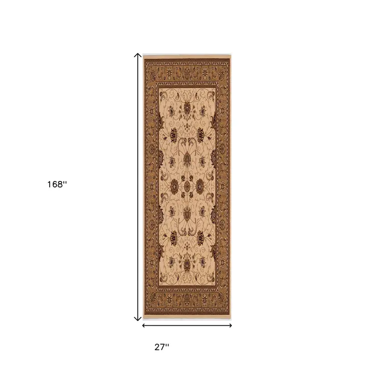 14' Beige And Brown Oriental Runner Rug