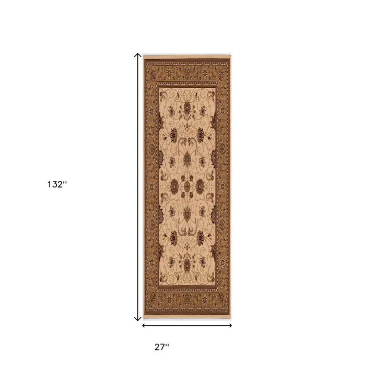 11' Beige And Brown Oriental Runner Rug
