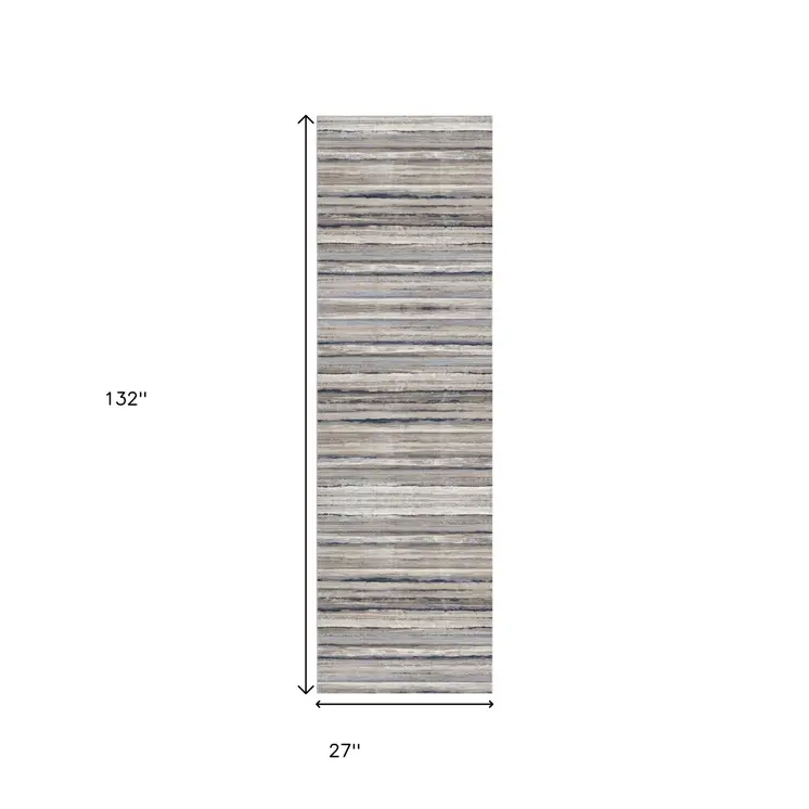 11' Blue Brown And Beige Striped Runner Rug