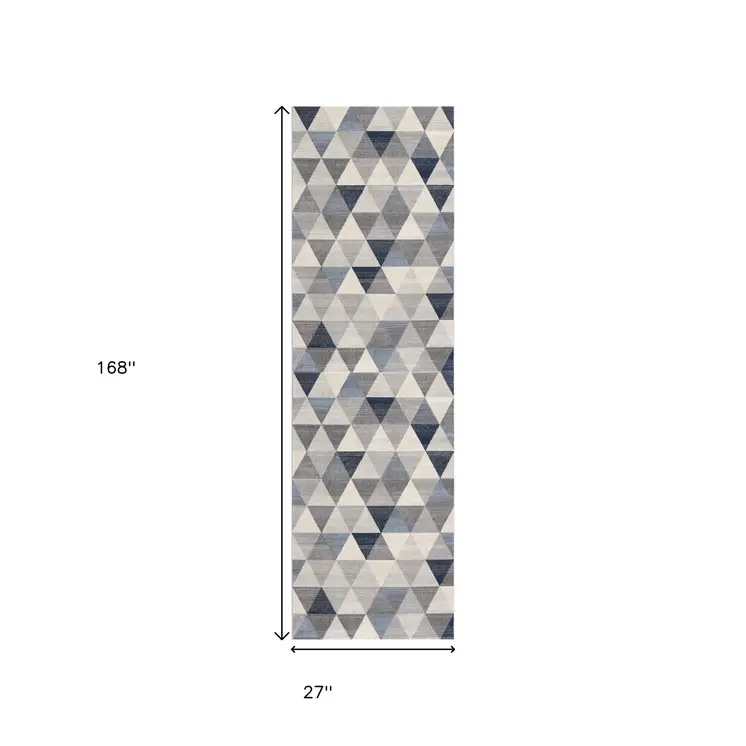 14' Blue Beige And Gray Geometric Runner Rug