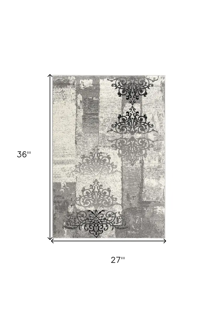 2' X 3' Gray Black And Ivory Damask Area Rug