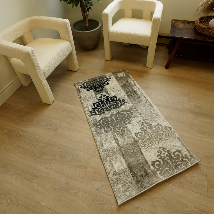 2' X 3' Gray Black And Ivory Damask Area Rug