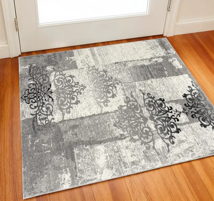 2' X 2' Gray Black And Ivory Damask Square Rug