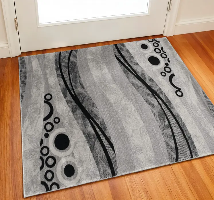 2' X 2' Gray And Black Floral Square Rug