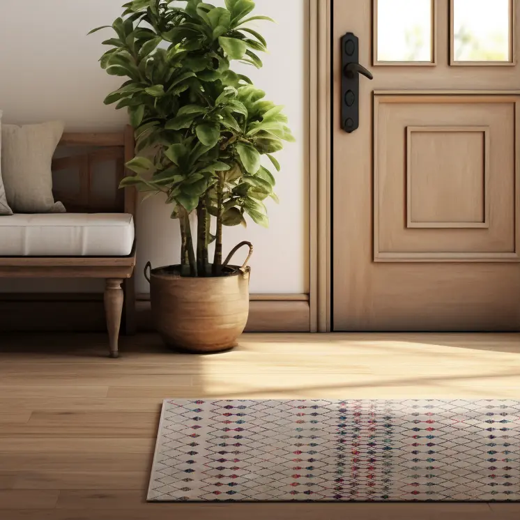 2' X 2' Beige Blue And Pink Geometric Square Rug